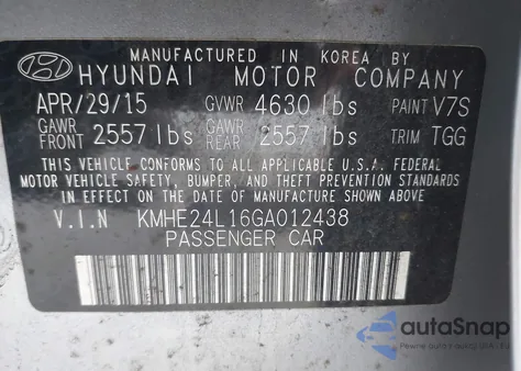 2016 Hyundai Sonata Hybrid Se from USA, damaged, VIN KMHE24L16GA012438